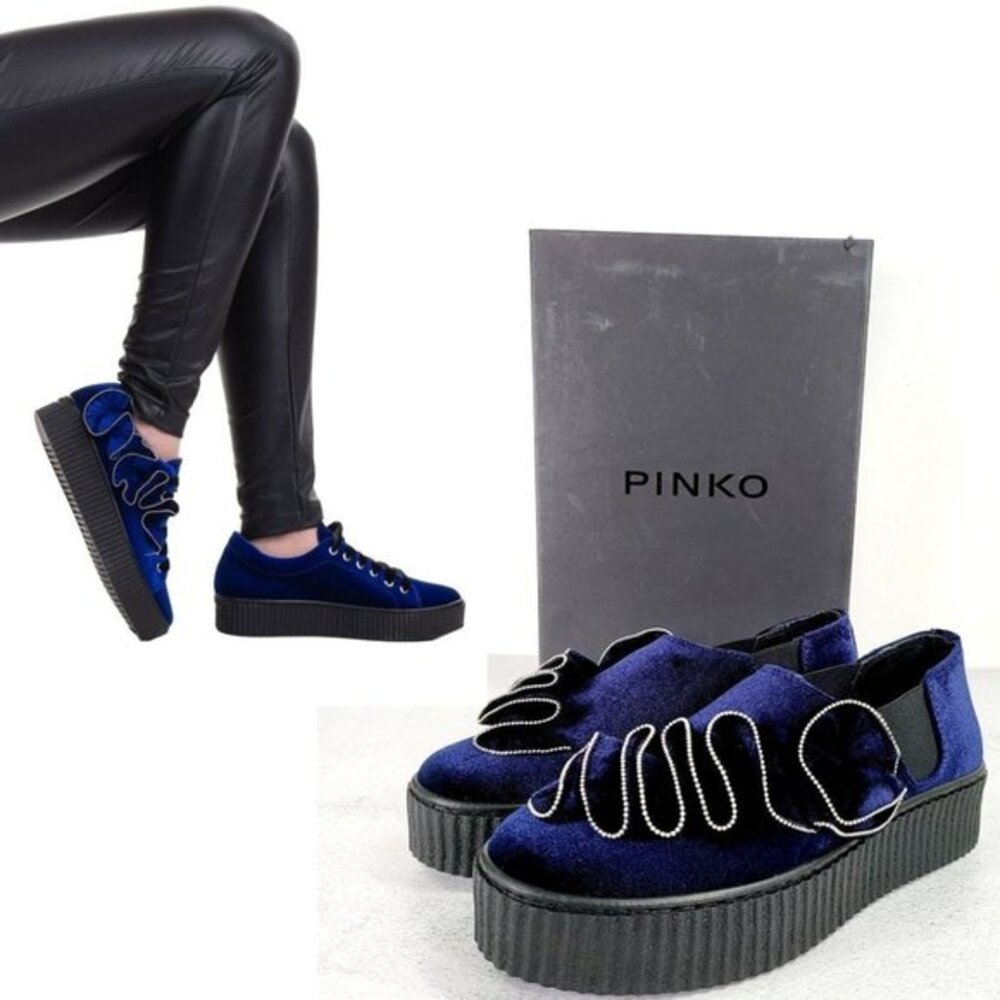 Y2K Blue Velvet Sneakers Womens 7 PINKO Whimsigoth Ruffled Chunky NEW $375